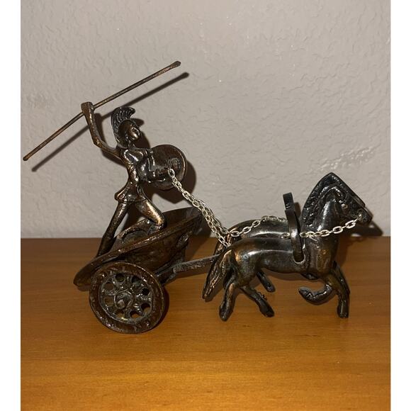 Vintage Roman Centurion Solider In Chariot With Horses Brass Copper Tone Heavy - Picture 1 of 6